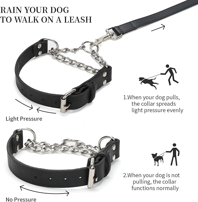 Martingale Collar for Dogs No-Pull Adjustable Training Collar with Stainless Steel Chain - Genuine Leather Anti-Slip Design for Small,Medium,Large Breed Dogs - Black (S)
