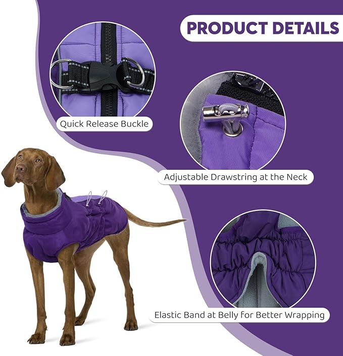 IDOMIK Warm Dog Coat with Harness, Waterproof Reflective Dog Jackets for Small Medium Large Dogs, Fleece High Collar Winter Jacket with Zipper, Pet Winter Snowsuit Clothes for Cold Weather,Purple M
