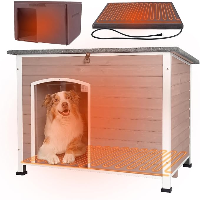 43.3'' Large Heated Outdoor Dog House Weatherproof with Anti-bite Metal Frame, Insulated Dog Kennel with Heating Pad for Outside, Dog Shelter for Small to Large Dogs (Light Brown)