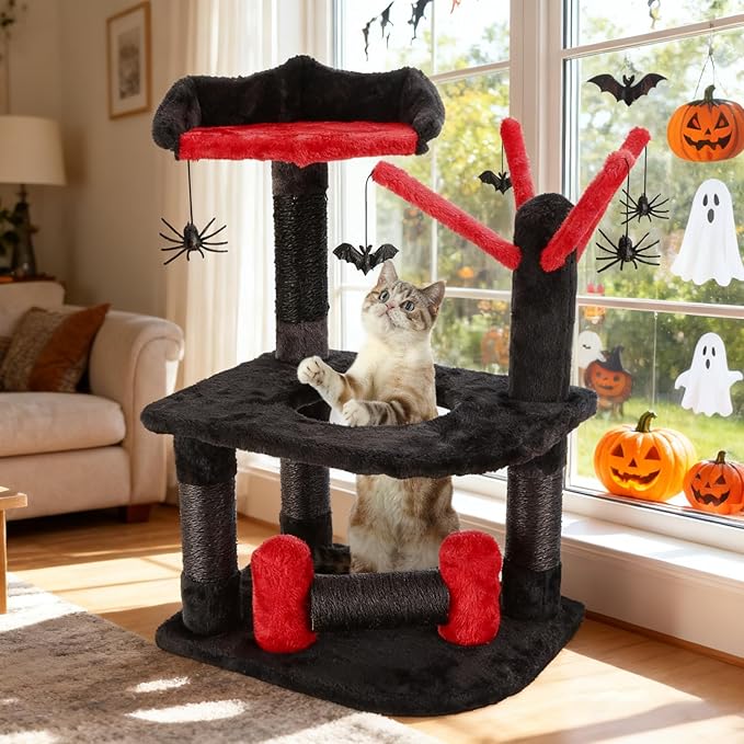 Nobleza Gothic Cat Tree with Coffin Bed, 24.4" Halloween Black Goth Cat Tree Tower for Indoor Cats, Spooky Cat Tree Stand Climber Pole with Hanging Spiders Bats for Kitten, Black Red, Small