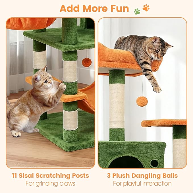 Tangkula 66 Inch Tall Cat Tree, Multi-Level Cat Tower with Sisal Scratching Posts, 2 Condos, Plush Perch, Hammock, Basket, Dangling Toys, Cat Climbing Furniture for Indoor Cats (Green+Orange)