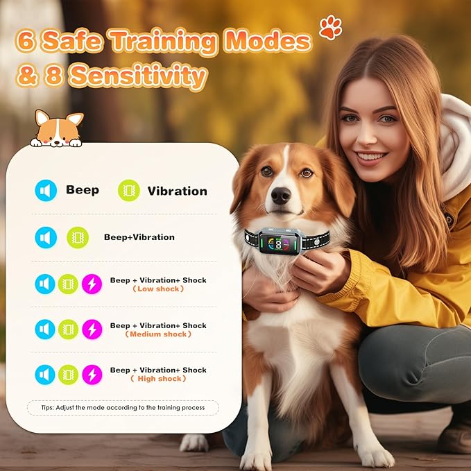Dog Bark Collar for Large Medium Small Dogs, Smart Automatic Anti Barking Device with 8 Sensitivity & Training Modes Beep Vibration, Rechargeable IP67 Waterproof No Bark Collars for Dogs, Easily Use