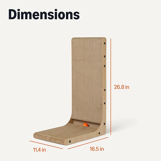 Amazon Basics Cat Scratch Post L-Shaped Cat Scratching Post Cat Scratch Pad with Interactive Ball Toy & Catnip, Cardboard Cat Wall Climber for Indoor Cats & Kittens, 16.5 x 11.4 x 26.8 in