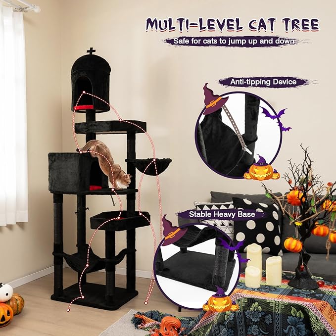 Tangkula Gothic Cat Tree, 83 Inch Tall Cat Tower with Sisal Covered Scratching Posts, 2 Coffin Beds, 2 Cat Condos, Hammock, Basket Bed, Halloween Pet Furniture, Black Goth Cat Tree for Indoor Cats