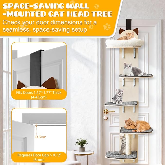 5-Levels Door Hanging Cat Climber, Vertical Door-Mounted Cat Tree Tower with Full Carpeted Plank & Cat Scratching Post for Small Medium Cats (5-Levels, Cat Head Style)
