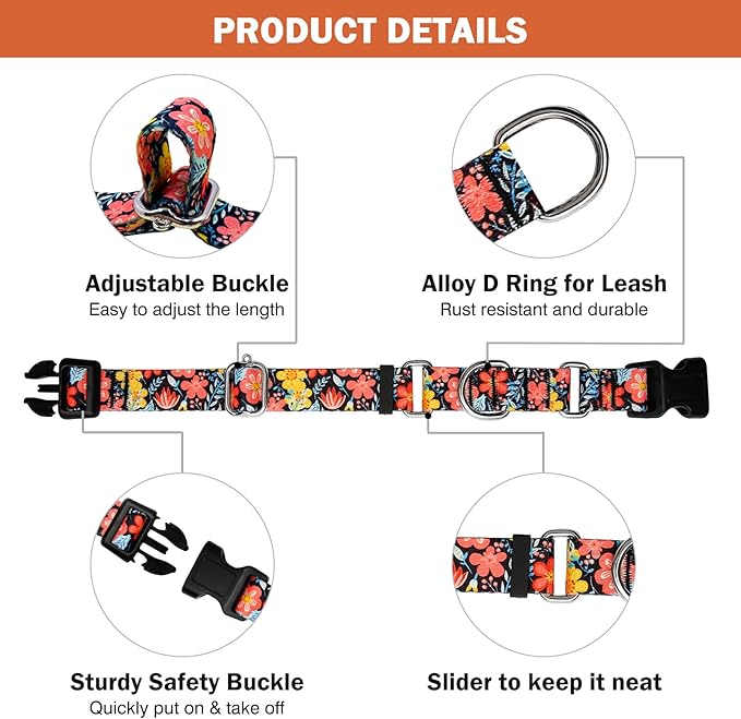 Hikiko Martingale Collar for Dogs Cute Floral Dog Collar for Small Medium Large Dogs Soft Nylon Adjustable Dog Collars (Flower Grass,Small)