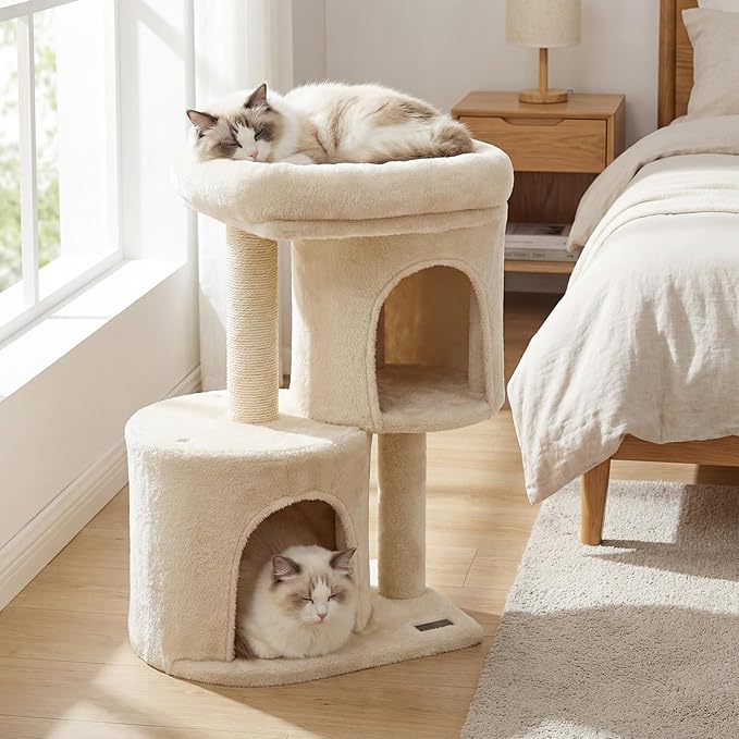 PETSITE 26-inch Small Cat Tree, with Sisal Scratching Post, Double Comfy Condos, and Spacious Top Perch, Ideal for Indoor Cats and Kittens (Beige)