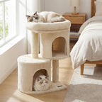 PETSITE 26-inch Small Cat Tree, with Sisal Scratching Post, Double Comfy Condos, and Spacious Top Perch, Ideal for Indoor Cats and Kittens (Beige)