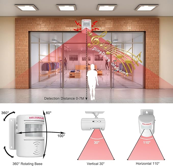 S SELDORAUK PIR Motion Sensor Door Bell Shop Visitor Alert Chime Dingdong Welcome Alarm Burglar Motion Detector