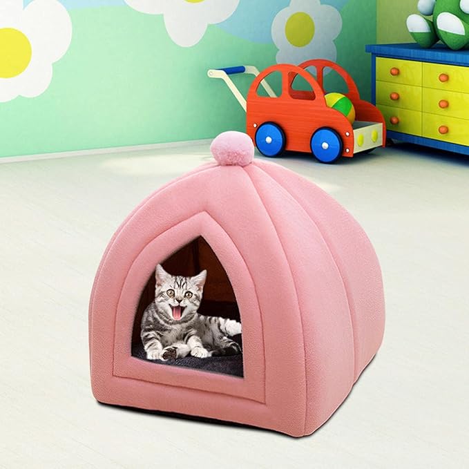 Cat Bed House Warm Cave Kennel Cushion Pad Soft Indoor Enclosed Tent Huts Sofa for Pet Cats Kittens Puppy, Pink