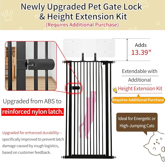 Lumizone Extra Tall Cat Gate 61.02" High Pressure Mounted Extra Wide 2025 New (17 Sizes) 1.37" Gap No Drilling Auto-Close One-Handed Operation Tall Pet Gate for Dogs(Black, 61.02" H x 29.92"-34.24" W)