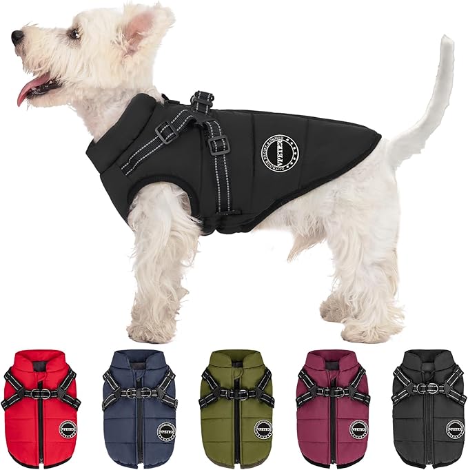 Dog Winter Coat, Warm Dog Jacket Paded Polyester Dog Vest with Built in Harness, Waterproof Windproof Reflective Cozy Adjustable Snow Pet Coat Clothes with Zipper for Small Medium Dogs