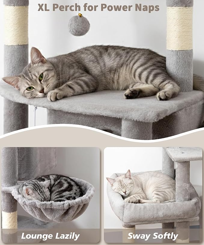 Heavy Duty Cat Tree for Indoor Cat, 74 Inch Cat Tower with Scratching Post, Hanging Basket, Cat Condo with Large Platform for Large Cats, PMT04GY, Grey