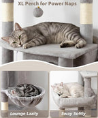 Heavy Duty Cat Tree for Indoor Cat, 74 Inch Cat Tower with Scratching Post, Hanging Basket, Cat Condo with Large Platform for Large Cats, PMT04GY, Grey