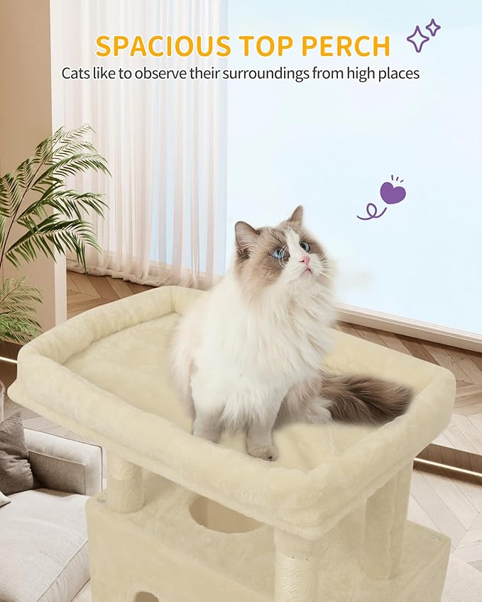 Cat Tree, 82.6" Large Cat Tower for Indoor Cats, Multi-Level Cat House with Condo, 8 Scratching Posts, Hammock, 4 Pom Poms, Beige MS21018YL