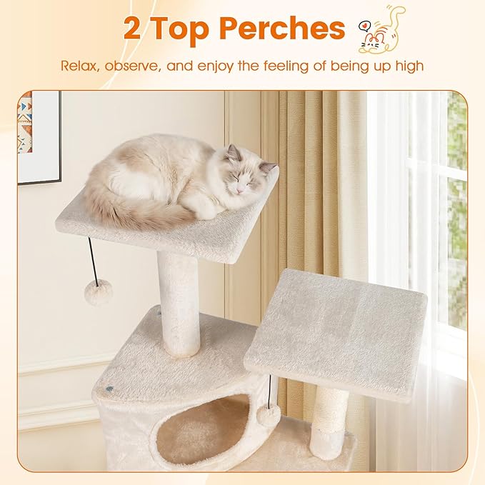 PETSITE 44-inch Multi-Level Cat Tree, Modern Cat Tower with Sisal Scratching Posts, Cozy Condo, Playful Cat Hole, Sisal Covered Ladder, and Dangling Ball, Ideal for Indoor Cats and Kittens (Beige)