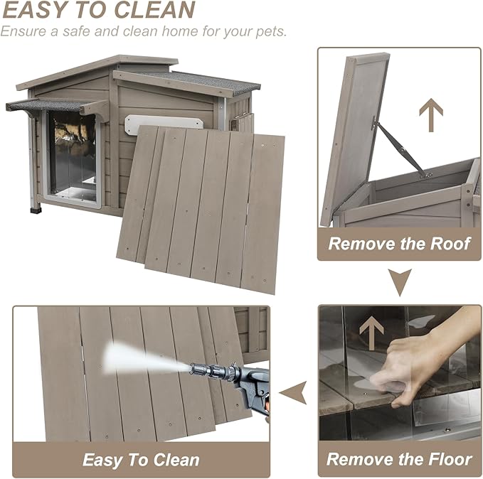 PetsCosset Dog House Outdoor Weatherproof, Anti-Chewing Iron Frame Dog Kennel Outside, Wooden Outside Shelter Pet House for Small, Medium, and Large Dogs with Elevated Floor (Grey, 44" L*30" W*34" H)