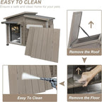 PetsCosset Wooden Dog House Outdoor, Anti-Chewing Iron Frame Dog Kennel Outside, Weatherproof Outside Shelter Pet House for Small, Medium, and Large Dogs with Elevated Floor (Grey, 34" L*22" W*27" H)