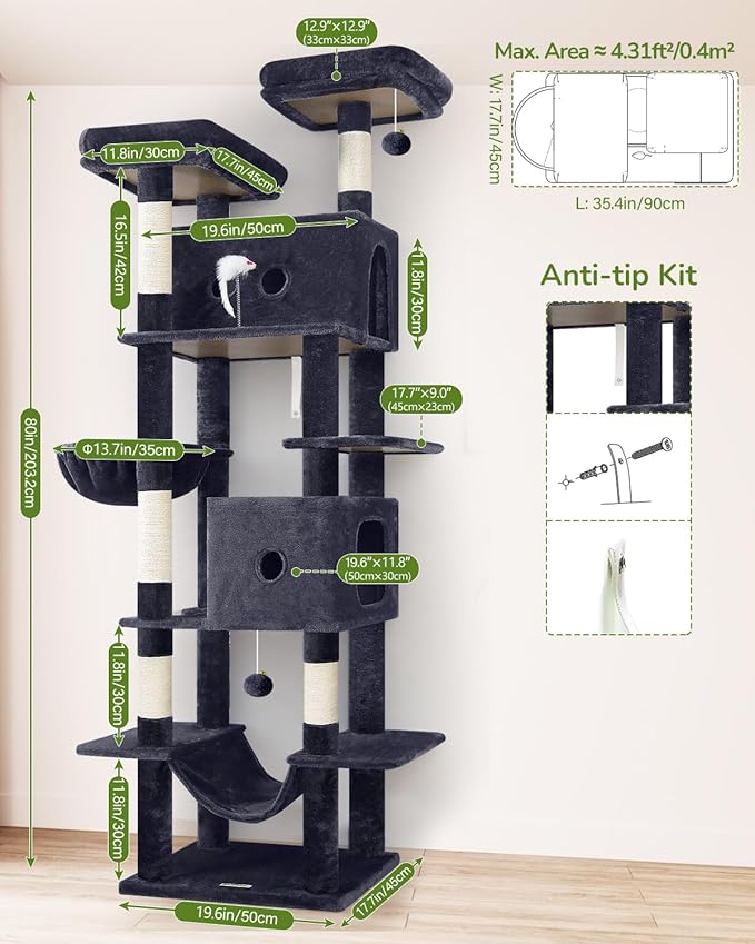 Globlazer Heavy Duty Cat Tree Tower 80in Tall Extra Large Cat Tree Tower for Multiple Indoor Cats Large Adult with Scratching Posts, 2 Spacious Condos, Padded Perches, Soft Hammock, S80B, Dark Grey