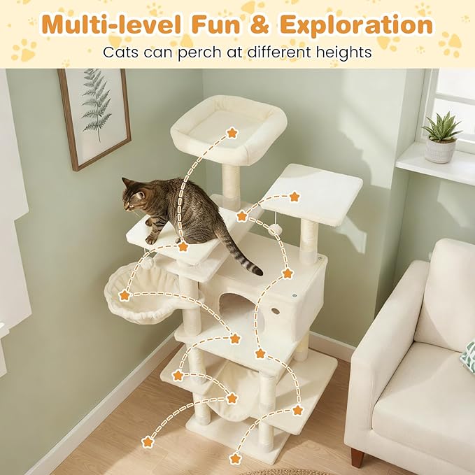 Tangkula Tall Cat Tree, 63 Inch Large Cat Tower with Sisal Scratching Posts, Plush Top Perch, Condo, Hammock, Basket Bed, Dangling Balls & Jumping Platforms for Indoor Cats Large Adult (Beige)