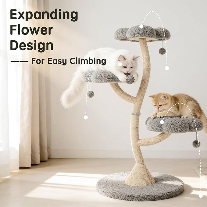 FKWin 48" Tall Cat Tree,Flower Shape Design,Scratching Post Condo,Multi-Level Furniture Activity Center,Kittens Pet House Play with Hang Ball,Plush Cat Tower for Large Cats (Gray-3 Tiers)