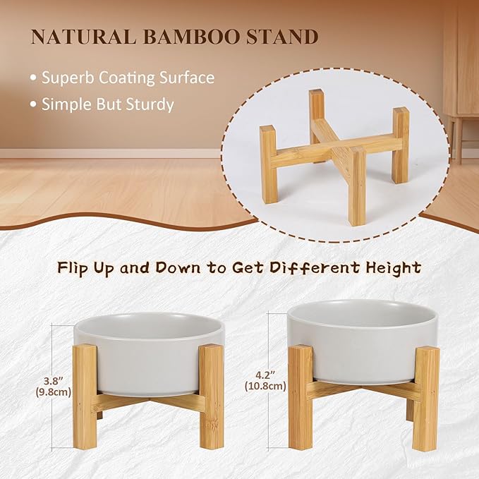 Raised Ceramic Cat Bowl - Cat Food Bowl with Bamboo Stand - Elevated Dog Food Dish for Puppies - Comfort Eating - 13.5 oz - 400 ml - Green