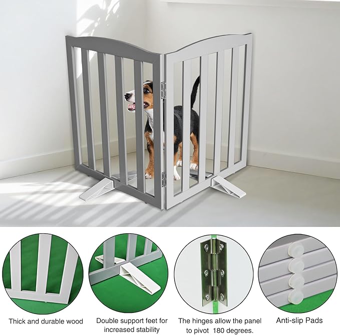 ZJSF Foldable Freestanding Indoor Dog Gate for House Wood Long Pet Gates Dog Fence for Stairs Puppy Gates for Hallways, Puppy Gate,Support Feet Included, Grey, 32 "Height-2 Panels