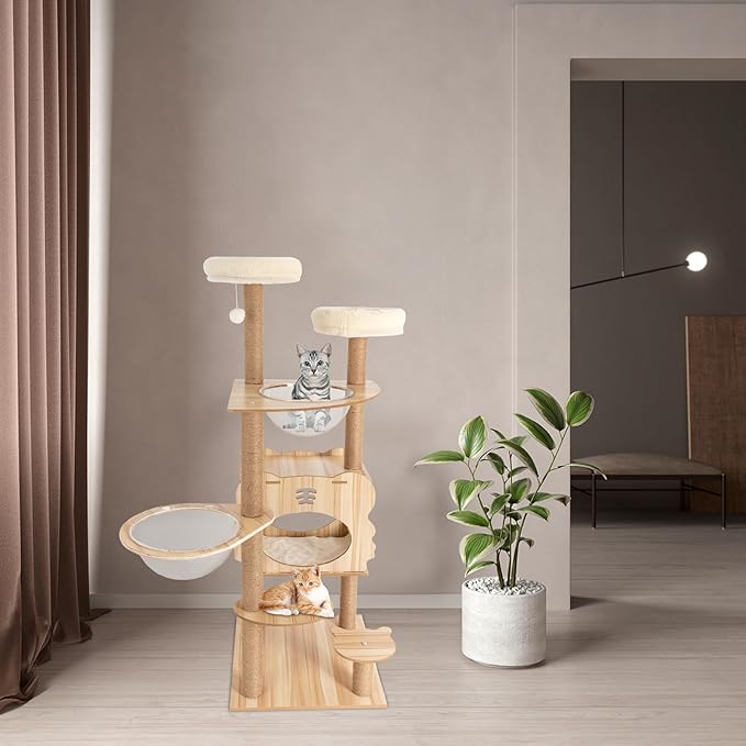 Cat Tree Tower Multi-Level Cat Climbing Frame 54 -Inch Modern MDF Cat Condo Cage for Large Cat with Scratching Posts (52 * 52 * 26(cm))