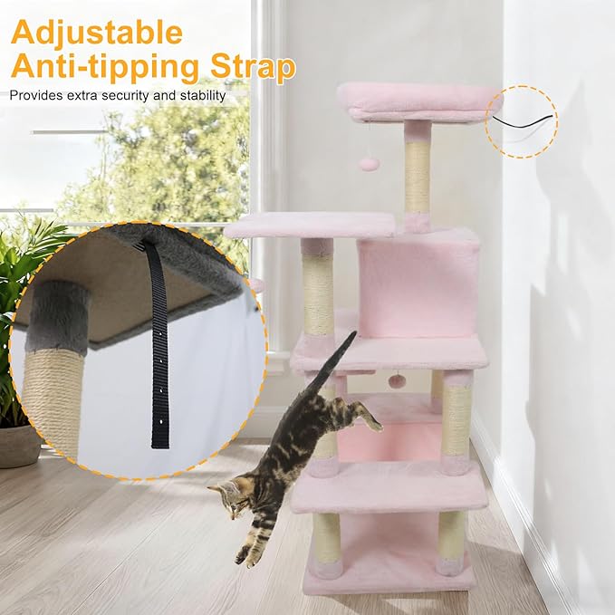 DORTALA Cat Tree for Indoor Cats, 58" Tall Cat Tower with Top Perch, Condo, Hammock, Sisal Scratching Posts, 3 Dangling Balls, Platforms, Multi-Level Pet Climbing Furniture Playground (Pink)