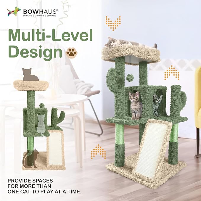 Cactus Cat Tower, 37-Inch Multi-Level Cat Activity Tree with Scratching Posts, Ramp & 2-Door Cat Cave Condo