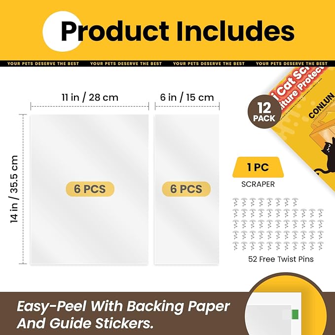 Cat Scratch Furniture Protector-12 Pack Single Side Couch Protector, Clear Anti Cat Furniture Protector,Training Tape, 12 Pack+ 52 Pins