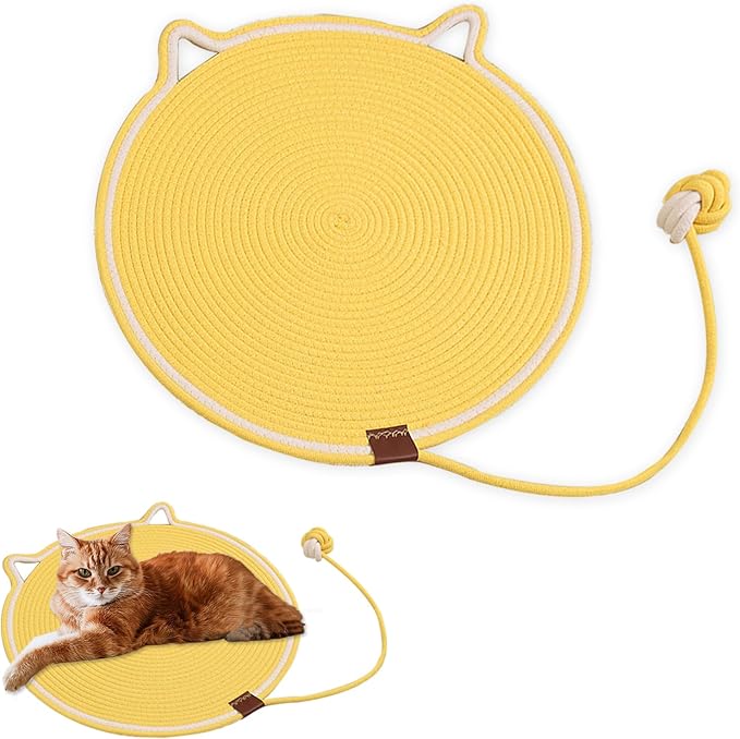 Cat Scratching Pad, Natural Cotton Rope Cat Scratch Mat, 16.9'' Round Wall & Floor Scratcher, Durable Furniture Protector for Couch, Carpet, Sofa, Eco-Friendly Cat Scratcher Pad（Yellow）