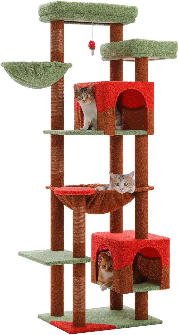 PETEPELA 69" Mushroom Cat Tree for Indoor Large Cats, Tall Cat Tower for Adult Cats with Big Hammock, Cat Climbing Tree Tower with Scratching Posts, Condo House and Large Top Perch, Brown