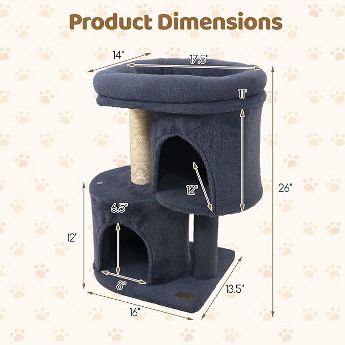 DORTALA Cat Tree for Indoor Cats, 26-Inch Cat Tower with 2 Cozy Condos, Sisal Scratching Post, Plush Top Perch, Modern Kittens Activity Play Center (Dark Grey)