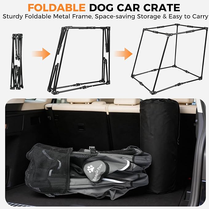 Snagle Paw Portable Dog Crate for Car Travel,Metal Frame Pet Crate,Pet Carrier for Car Back Seat Secures with Headrest Strap and Seatbelt,M Gray