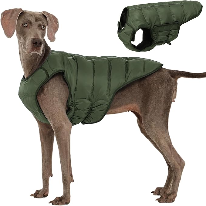 Kuoser Dog Puffer Jacket Warm Dog Coat for Extra Large Dogs, Windproof Reflective Pet Padded Vest Cold Weather Clothes Puppy Snowsuit with Hook & Loop Coats, Easy On/Off, Green 2XL