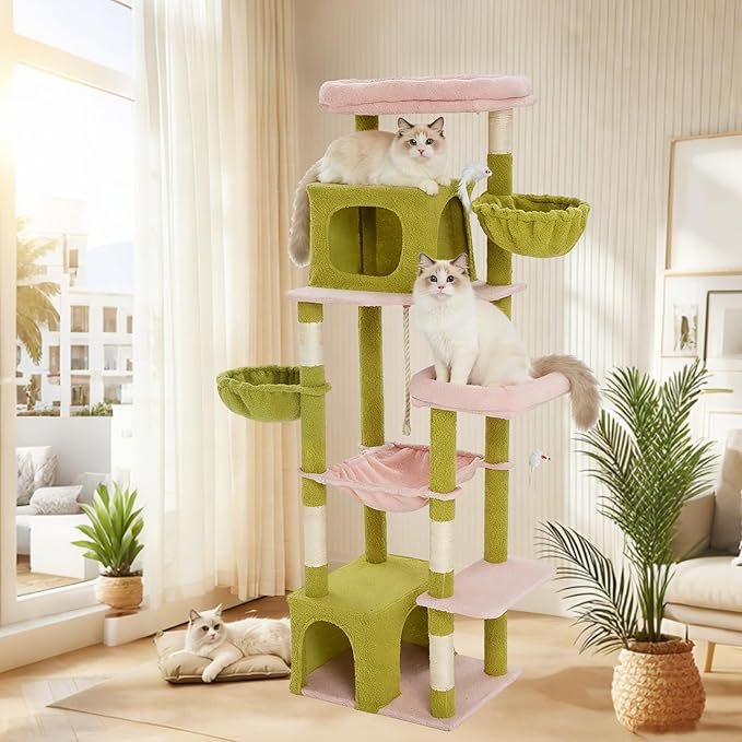 69.7-inch (177cm) Multi-Level Cat Tree with 2 Perches, 2 Condos, 2 Hammocks, Basket & Toy for Indoor Cat Activities (Green + Pink)