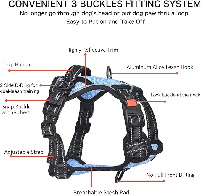 Petmolico No Pull Dog Harness and Leash Set, No Choke 4 Leash Attchments Easy Control Handle Soft Padded Reflective Vest Dog Harness for Medium Dog Breed, Sky Blue Medium
