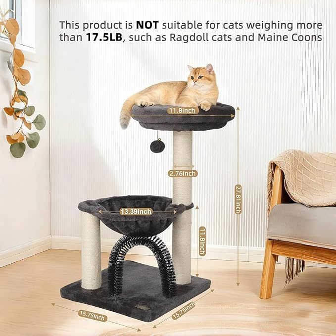 Simple Deluxe Small Cat Tree Tower for Indoor Cats, 5-in-1 27.8" Multi-Level Cat Tree with Scratching Posts, Plush Hammock, Perch, Self Groomer Brush, Dangling Ball for Kittens/Small Cats Play &Rest