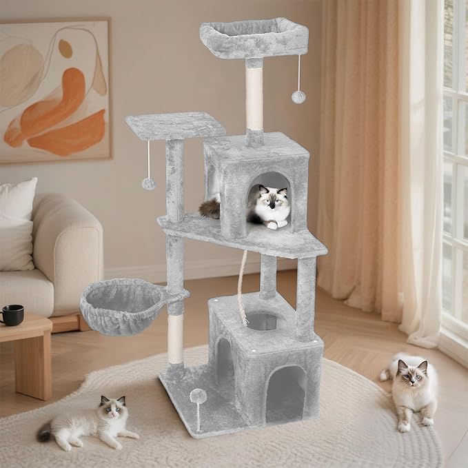 Cat Tree, 54-Inch Cat Tower for Indoor Cats,Plush Multi-Level Cat Condo with Scratching Posts, Basket, Perches (Light Grey01)