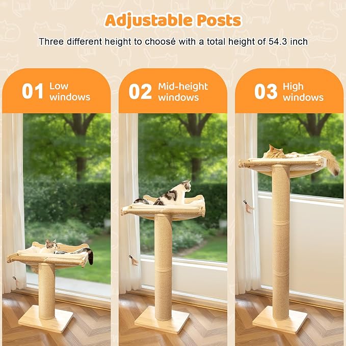 54.3" Cat Window Perch with 3 Adjustable Roman Column Sisal Posts, White Fluffy Cusion, Drill-Free Suction Cups, Multi-Level Climbing Perch, 60 lbs Capacity