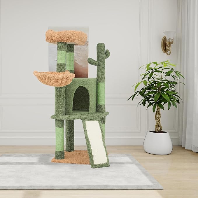 42" Cactus Cat Tree with Sisal Scratching Ramp, Cats Tower with Cozy Condos, Hammockand, Bed Perch Activity Center for Kittens to Adults Cats, for Living Room, Bedroom, Apartments, Green