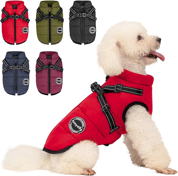 Warm Dog Winter Coat, Fashion Cold Weather Jacket with Built-in Harness, Reflective & Adjustable Comfortable Pet Vest, Windproof Apparel for Small Medium Large Dogs(Red