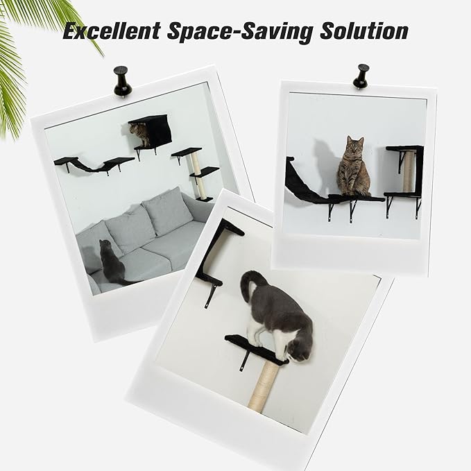 Wall Mounted Cat Furniture Set of 5 With Tree, Perch, Scratcher, Bridge and Condo, Gray (Black)