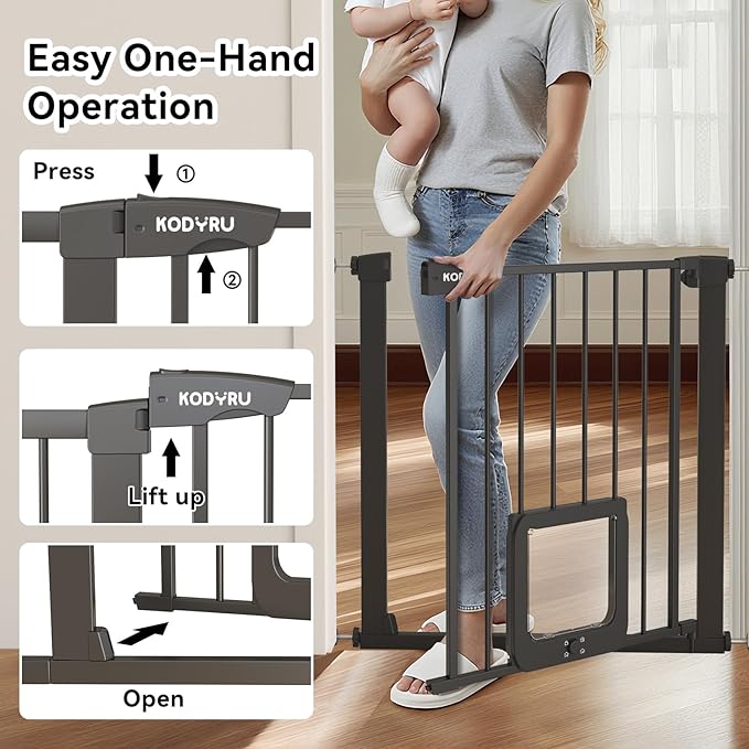 30 Inch Tall Dog Gate with Cat Door, Adjustable Width (29.7-45.2 Inches) for Doorways, Hallways & Stairs, Pressure-Mounted Walk-Through Dog Gate with Auto-Close & Double Lock Safety（Black）