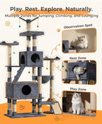 Catlike Rock-Solid 76" Tall Cat Tree Tower for Indoor Cats Large Adult, Heavy Duty Multi-Level Large Cat Tree with Sisal Scratching Posts, Perches, Cat Condos, Hammock Baskets, Cat Tower Light Grey