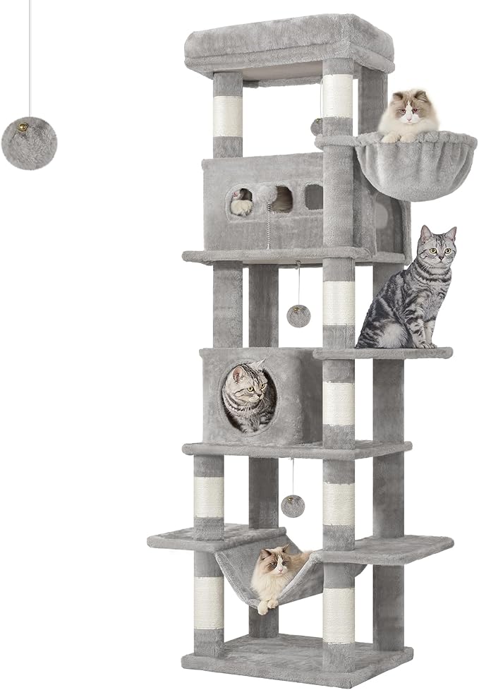 Cat Tree, 66.9" Large Cat Tower for Indoor Cats, Multi-Level Cat House with Condo, 8 Scratching Posts, Hammock, 4 Pom Poms, Light Grey MS17018LG