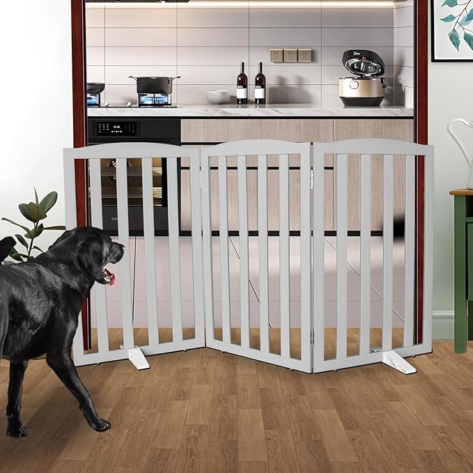 Freestanding Dog Gate Indoor,Doggie Gate Foldable Pet Gates for Doorways,Stairs or Hallways, Wooden Grey Pet Gate for the House, Pet Fence with Support Feet Included,32 "Height-3 Panels