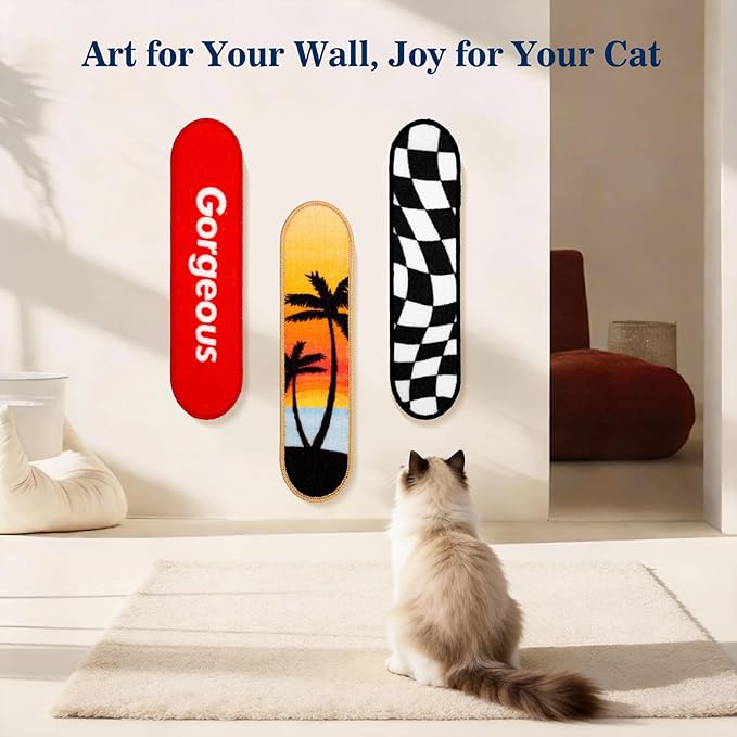 Wall Mounted Cat Scratching Board - Skateboard Style, Replaceable Scratch Mat, for Indoor Cats (24x6 Inches, Pink Flowers)