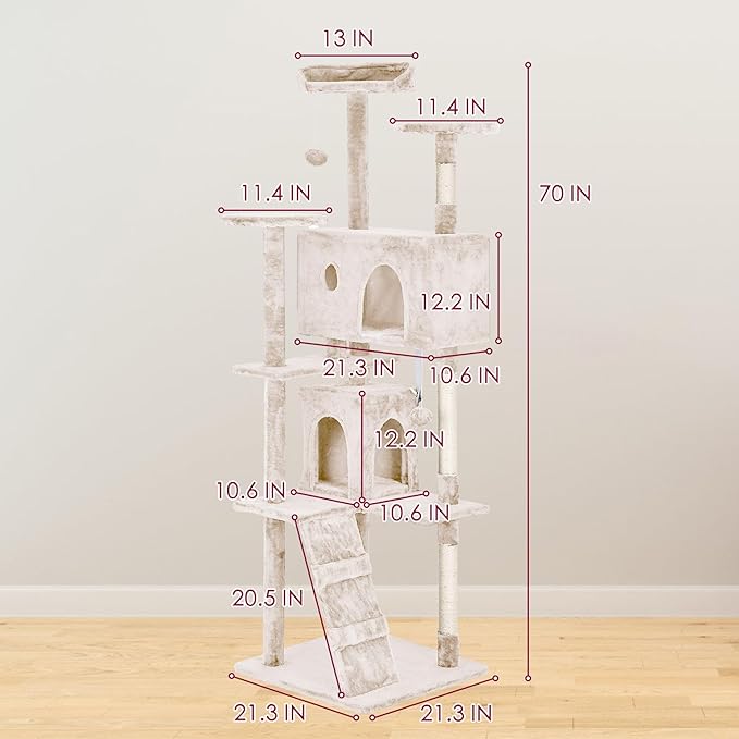 24/7 Shop at Home Court 70 inch Multi-Level Cute Cat Tree Tower with Dangling Ball and Scratching Posts for Indoor Cats Adults, Kitten Supplies, Pet House, Beige